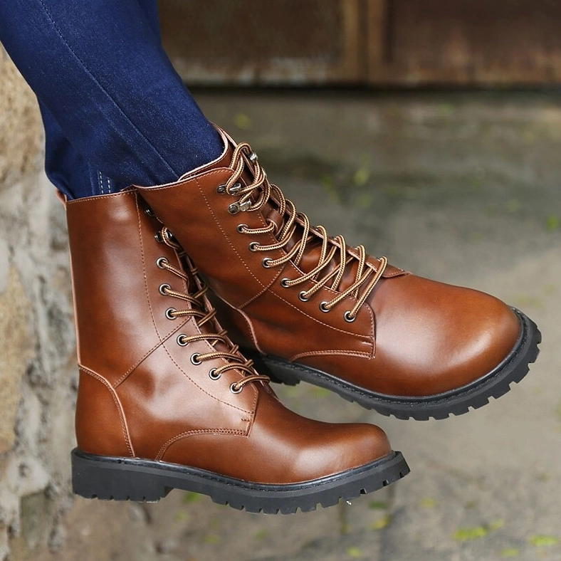 Tan brown leather combat boots displayed in front-flat view showing pair contrast stitching details and clean leather texture