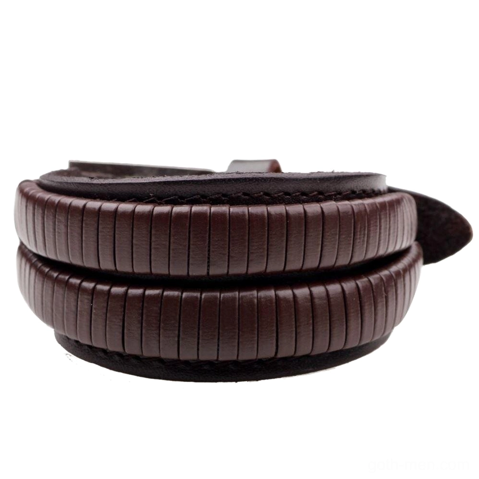 Brown leather cuff bracelet with striped embossed botanical design, adjustable strap, gothic men's jewelry front view