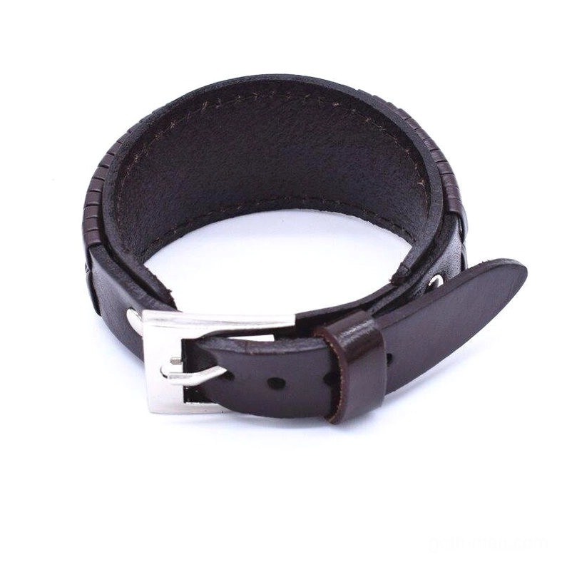 Brown leather cuff bracelet front view with silver metal buckle, solid leather craftsmanship, gothic men's accessory