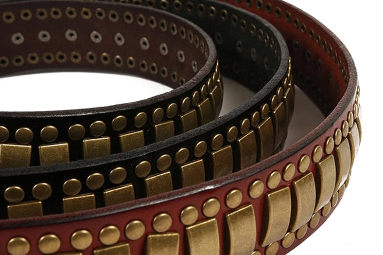 Brown leather gothic belt with bronze metal rivet decorations, unisex alternative fashion