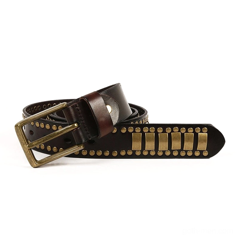 Dark brown leather gothic belt with rectangular bronze rivets, side angle showing belt dimension