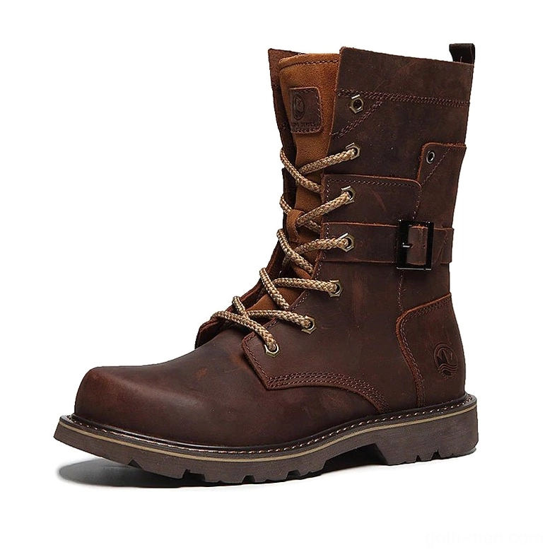 Single brown weathered leather gothic combat boot right side view with heel pull tab and buckle strap