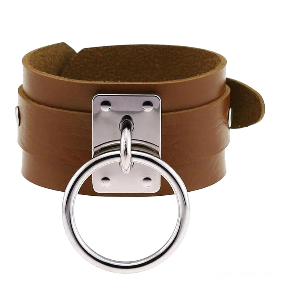 Medium brown leather gothic bracelet cuff with silver accents, vintage dark aesthetic