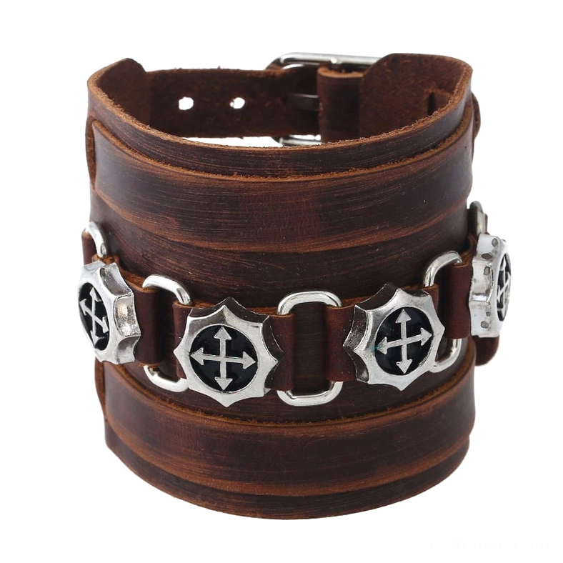 Brown genuine leather gothic cuff bracelet with zinc alloy cross studs, wide punk rock bracelet front view