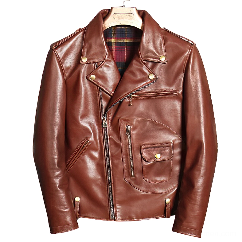 Brown genuine leather gothic moto jacket with asymmetrical zipper and brass hardware, front flat lay view