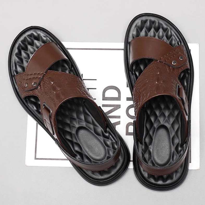 Brown crocodile embossed leather sandals top-down flat lay displaying quilted insole and embossed strap details