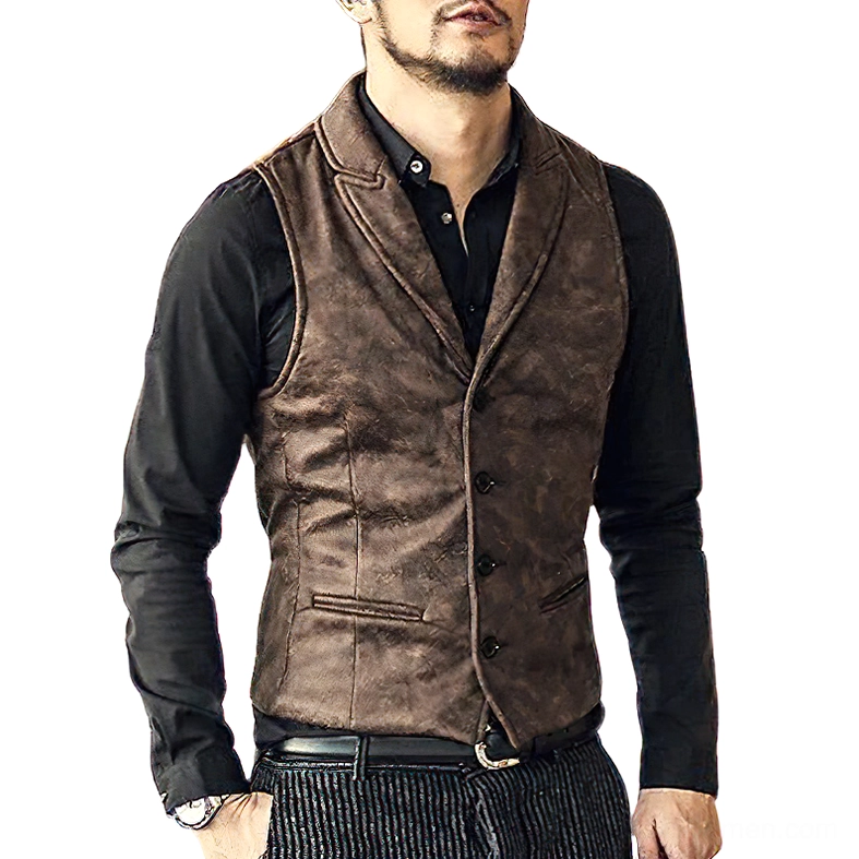 Men's brown suede gothic waistcoat front three-quarter view with notched lapel and flap pockets on model