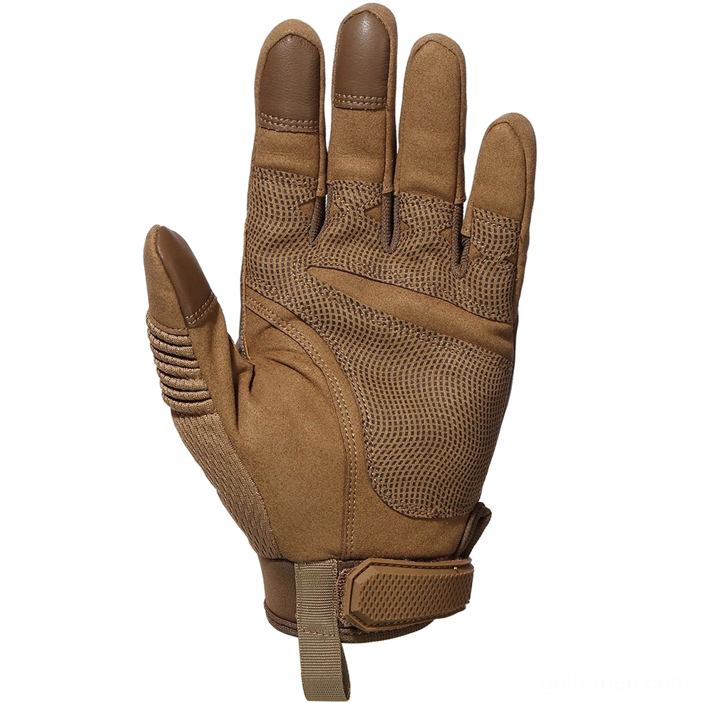 Brown tactical glove palm view with mesh fabric, suede fingertips, and velcro wrist strap