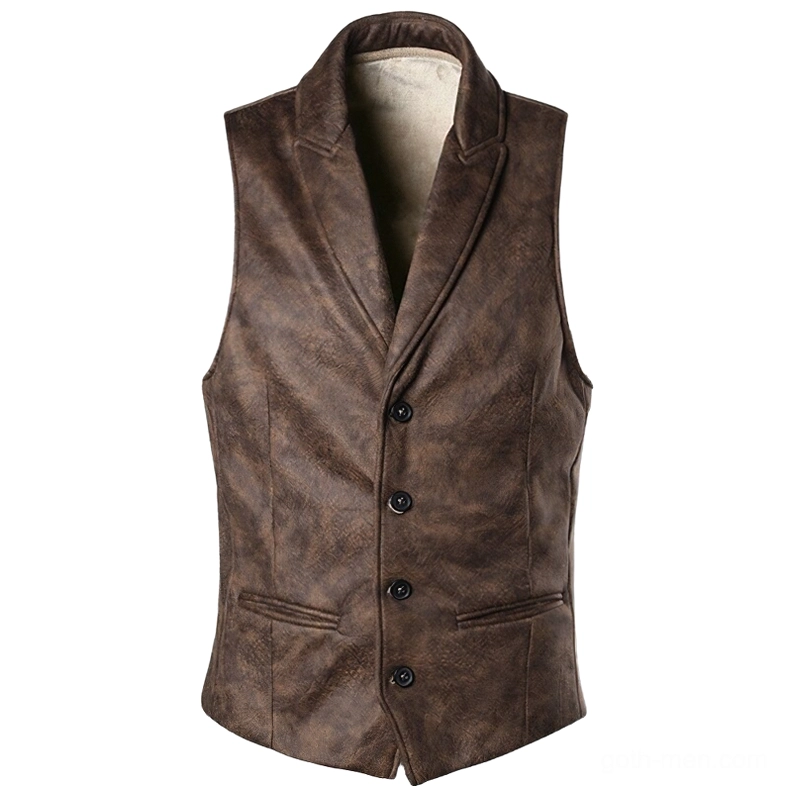 Brown suede waistcoat flat lay product shot showing button front and flap pockets detail