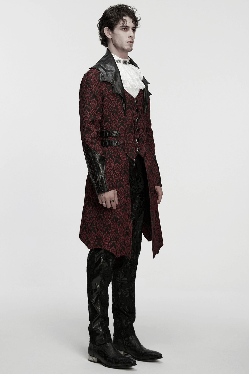 Gothic coat featuring deep burgundy jacquard fabric with intricate damask weave throughout