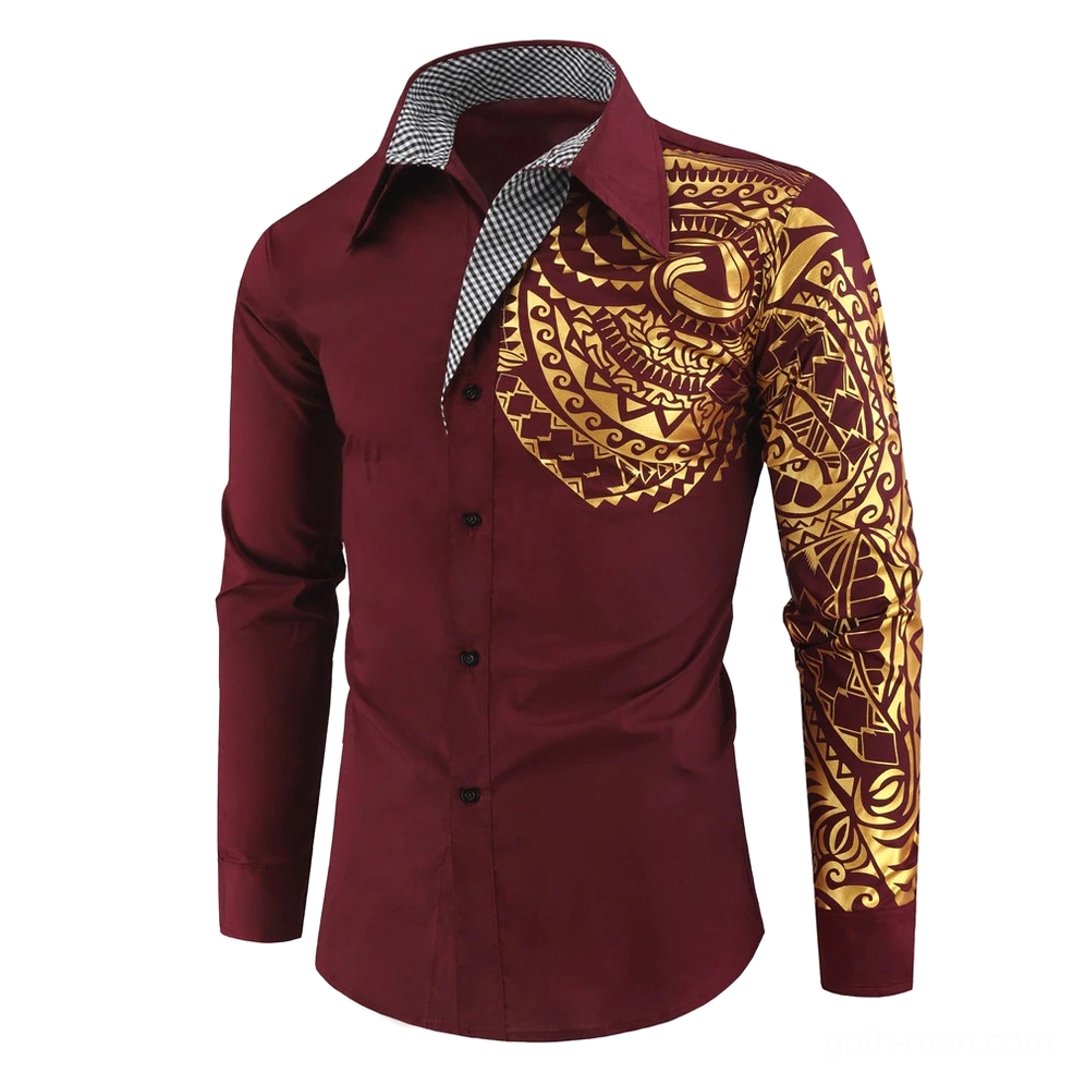 Burgundy deep red gothic men's shirt with gold tribal print front view