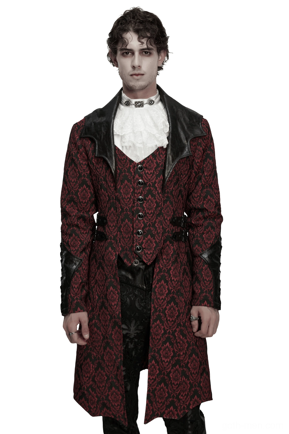 Burgundy gothic jacquard long coat with bat collar and leather trim front view on model