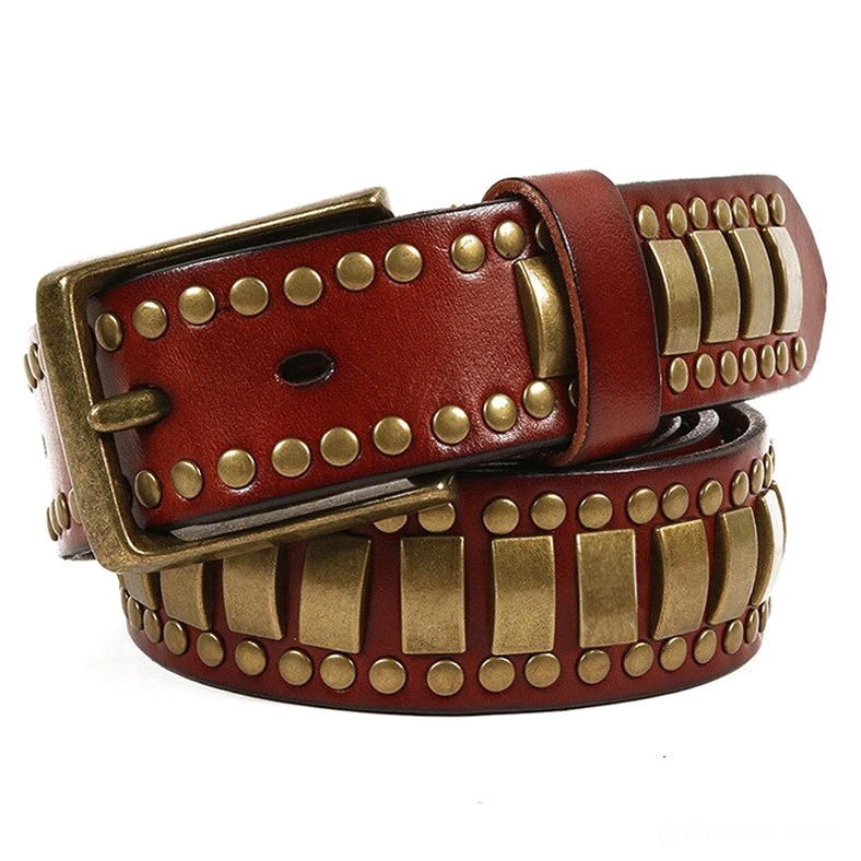 Burgundy wine red gothic belt with geometric bronze rivet pattern, flat display view