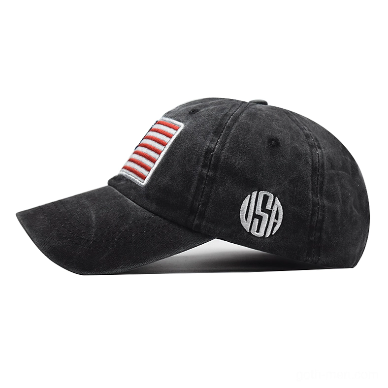 Burgundy gothic USA flag baseball cap detail view, washed cotton romantic goth style unisex cap