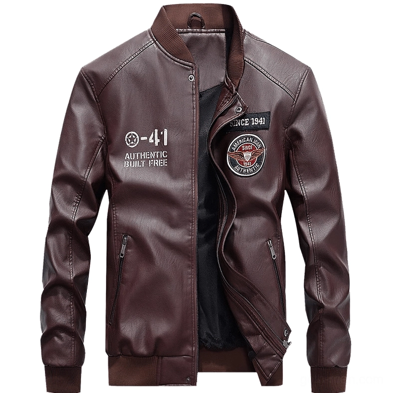 Burgundy red biker PU leather jacket front view half unzipped gothic style