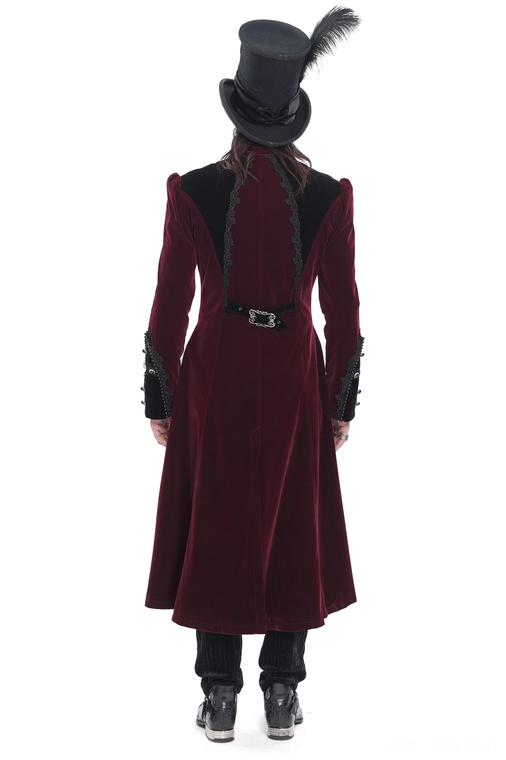 Burgundy gothic tailcoat rear view showing long split tail hem, waist buckle strap, and dramatic back silhouette