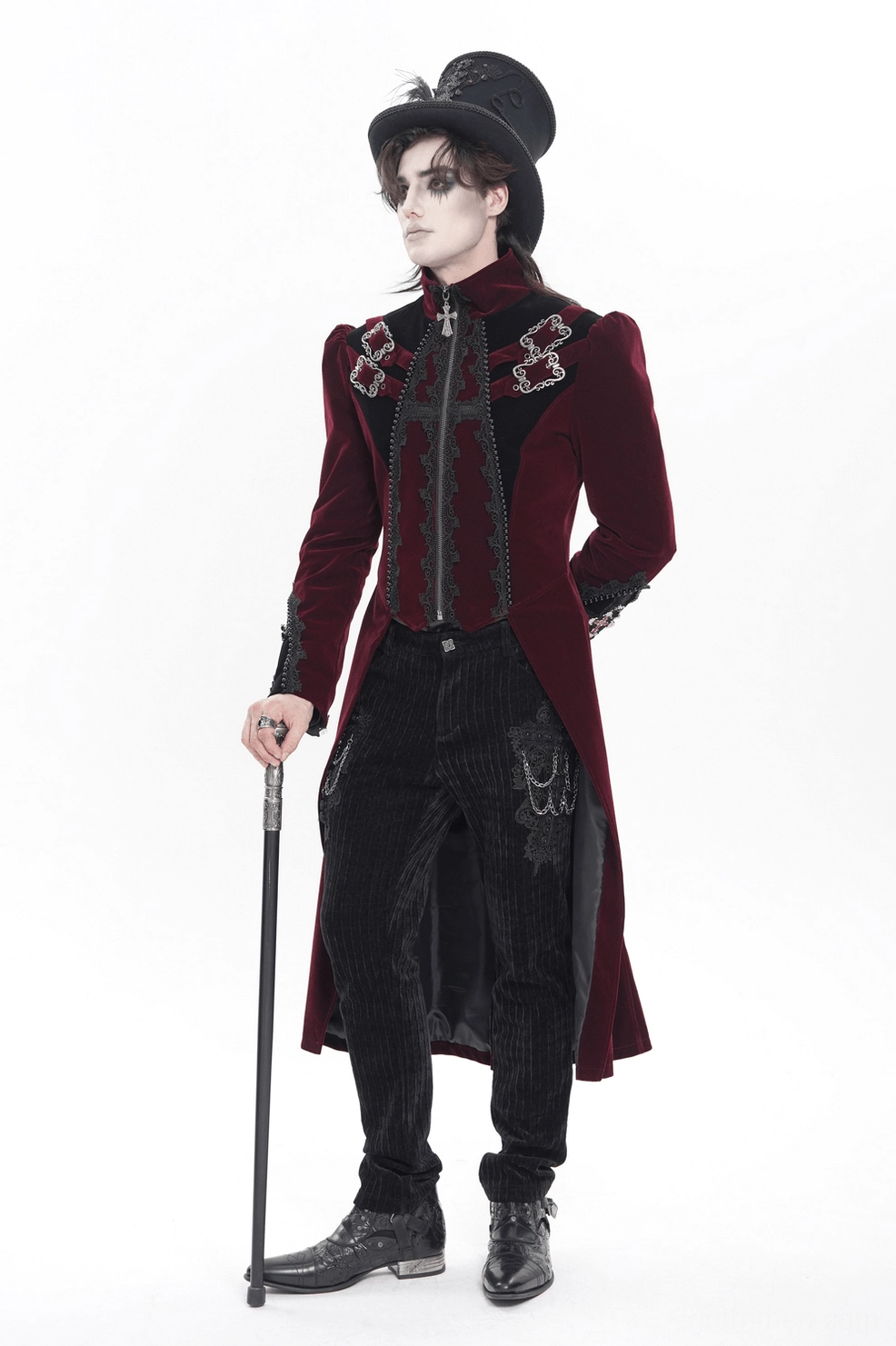 Burgundy gothic tailcoat front on model showing full silhouette with puffed sleeves, cross hardware, and high collar