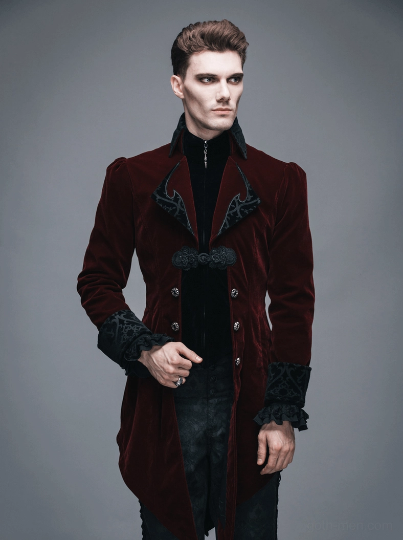 Burgundy velvet gothic steampunk tailcoat showing inner construction and collar stand detail