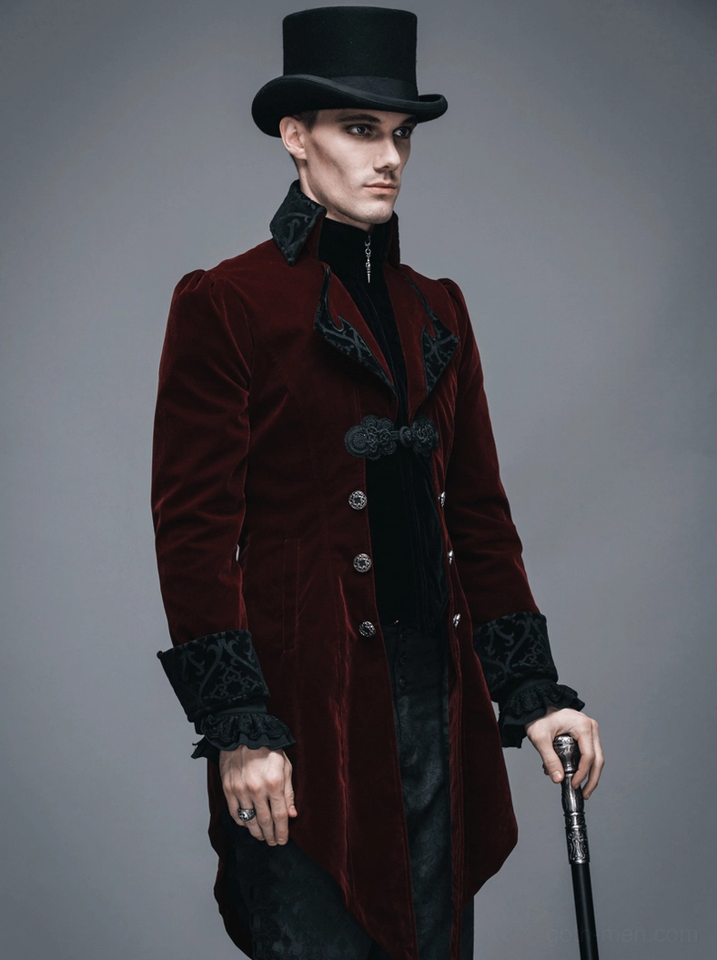 Burgundy gothic velvet tailcoat fabric and embroidery detail showcasing luxurious material quality