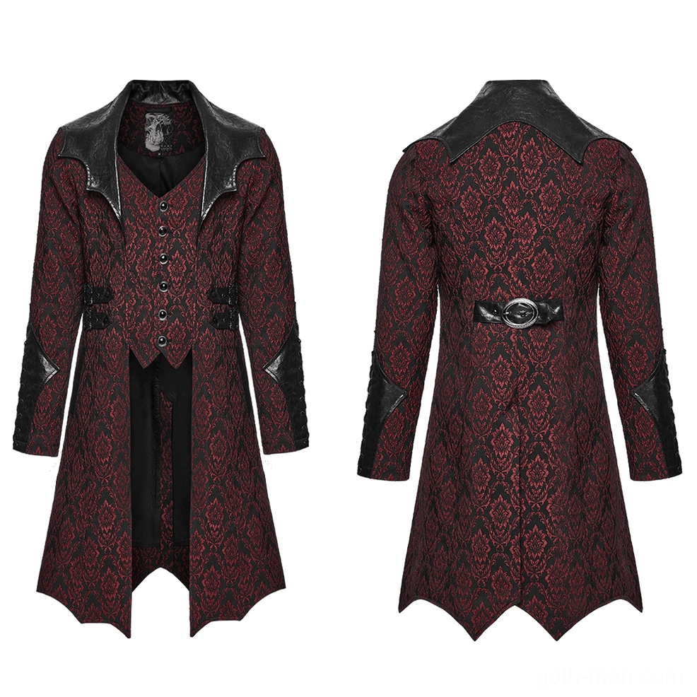 Burgundy damask jacquard coat flat lay front and back showing full construction and leather details