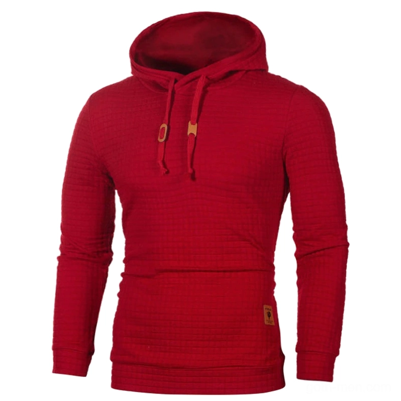 Burgundy red solid gothic hoodie sweatshirt for men with drawstring hood, smooth fabric texture