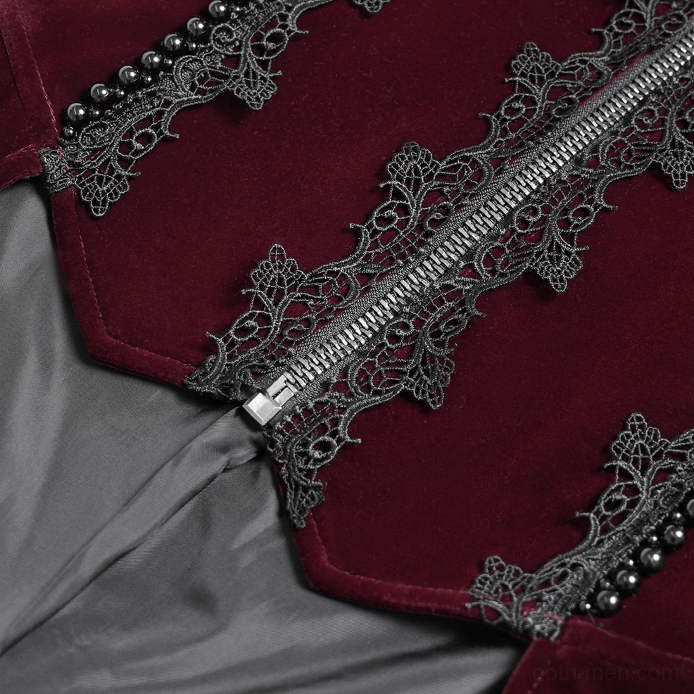 Burgundy velvet gothic tailcoat displaying full silhouette with dramatic puffed sleeves and ornate lace details