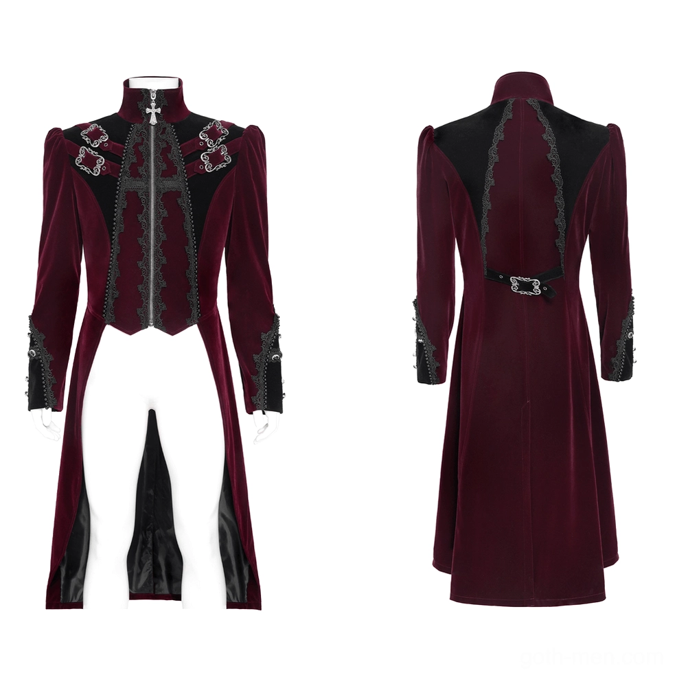 Burgundy velvet tailcoat front full view on mannequin displaying high stand collar, front zipper with cross charm, and lace trim details