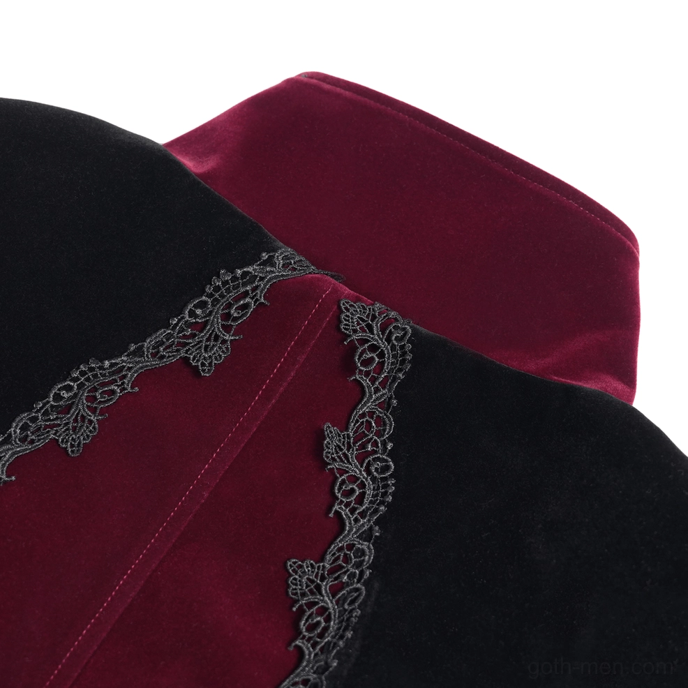 Full-length mannequin view of burgundy velvet gothic tailcoat with cross hardware, lace trim, and split tail hem