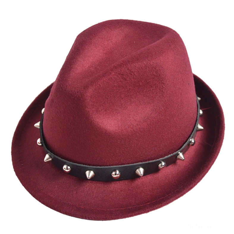 Burgundy wine red wool fedora hat with metal studs and rivets, gothic style