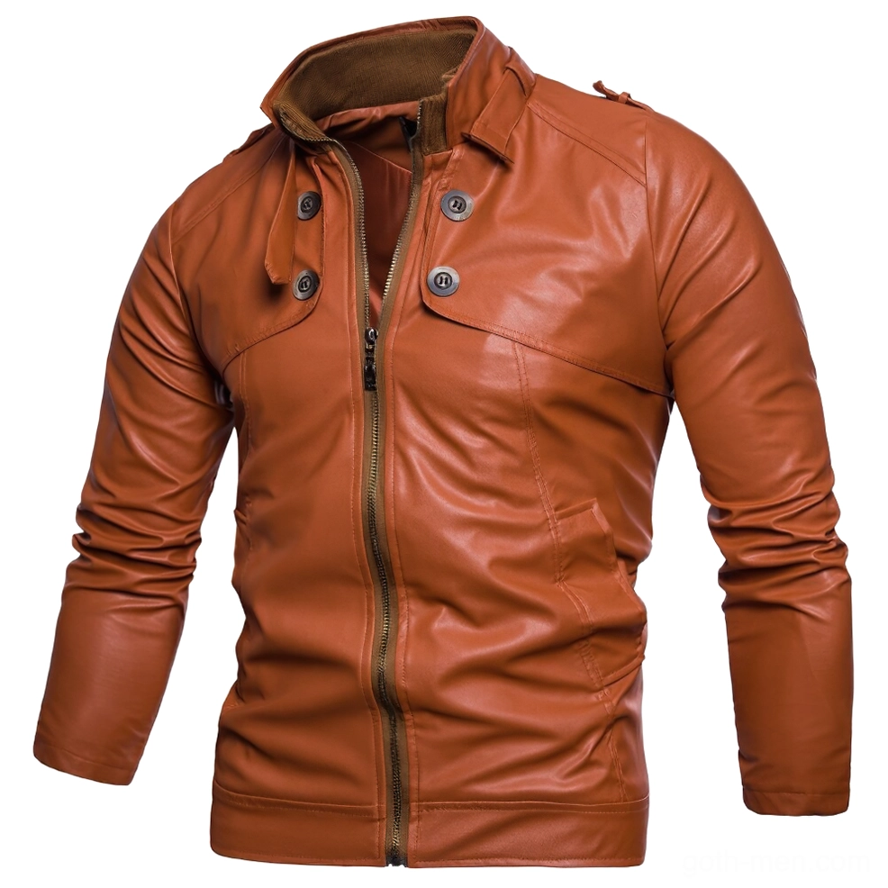 Camel tan PU leather gothic biker jacket showing fitted silhouette and epaulet design