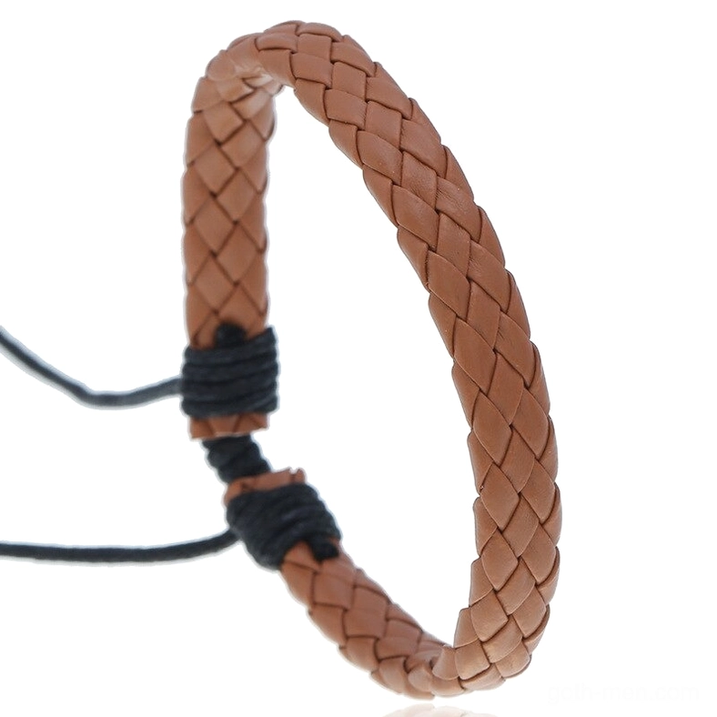 Camel light tan gothic braided leather bracelet with solid woven leather style and drawstring closure