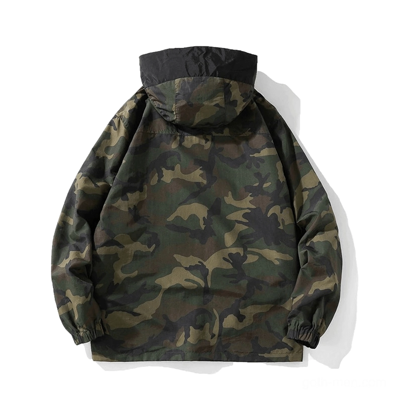 Camouflage pattern gothic military hoodie flat lay back showing elastic cuffs and hem details