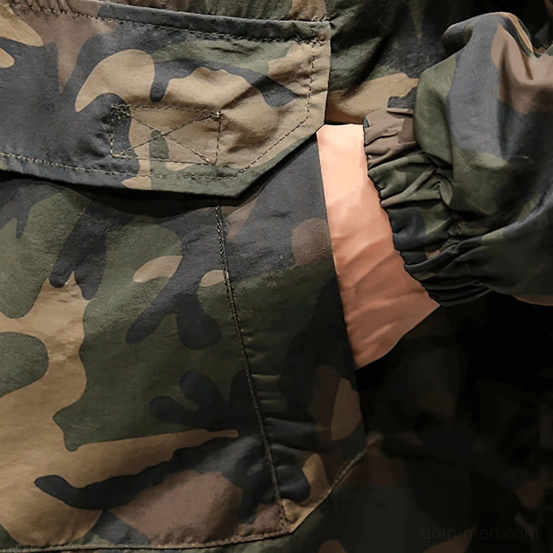 Camo gothic military hoodie pocket detail showing kangaroo pocket construction and fabric quality