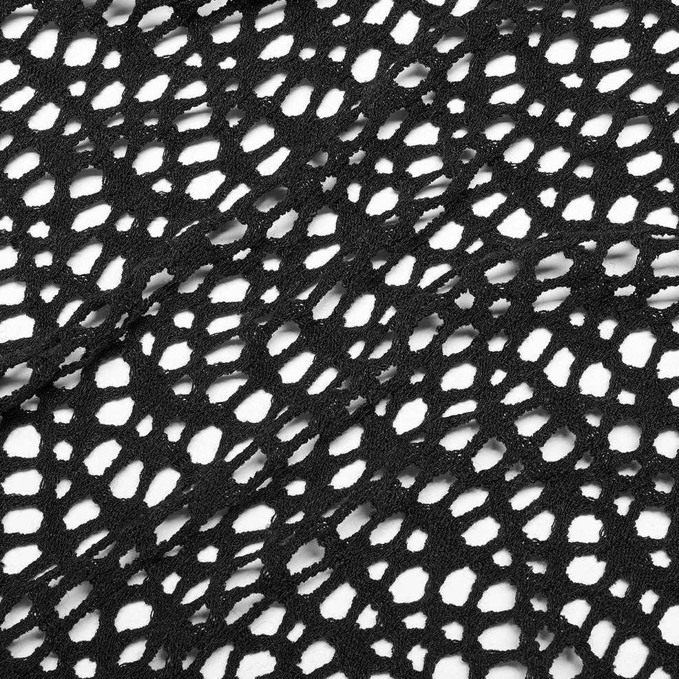Close-up detail of loose open-hole weave knit fabric in solid black showing material texture