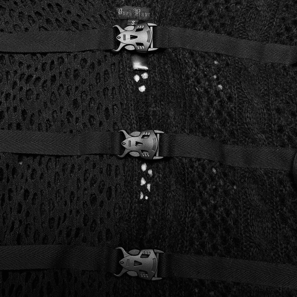 Metal buckle and black webbing strap fastener detail on gothic cape with mesh knit base