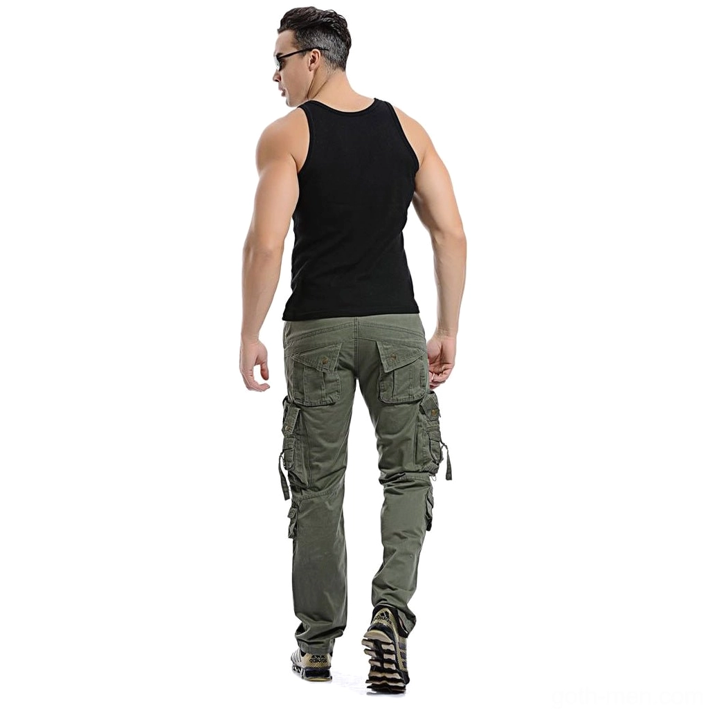 Rear view of army green cargo trousers on model showing back pocket design and full silhouette