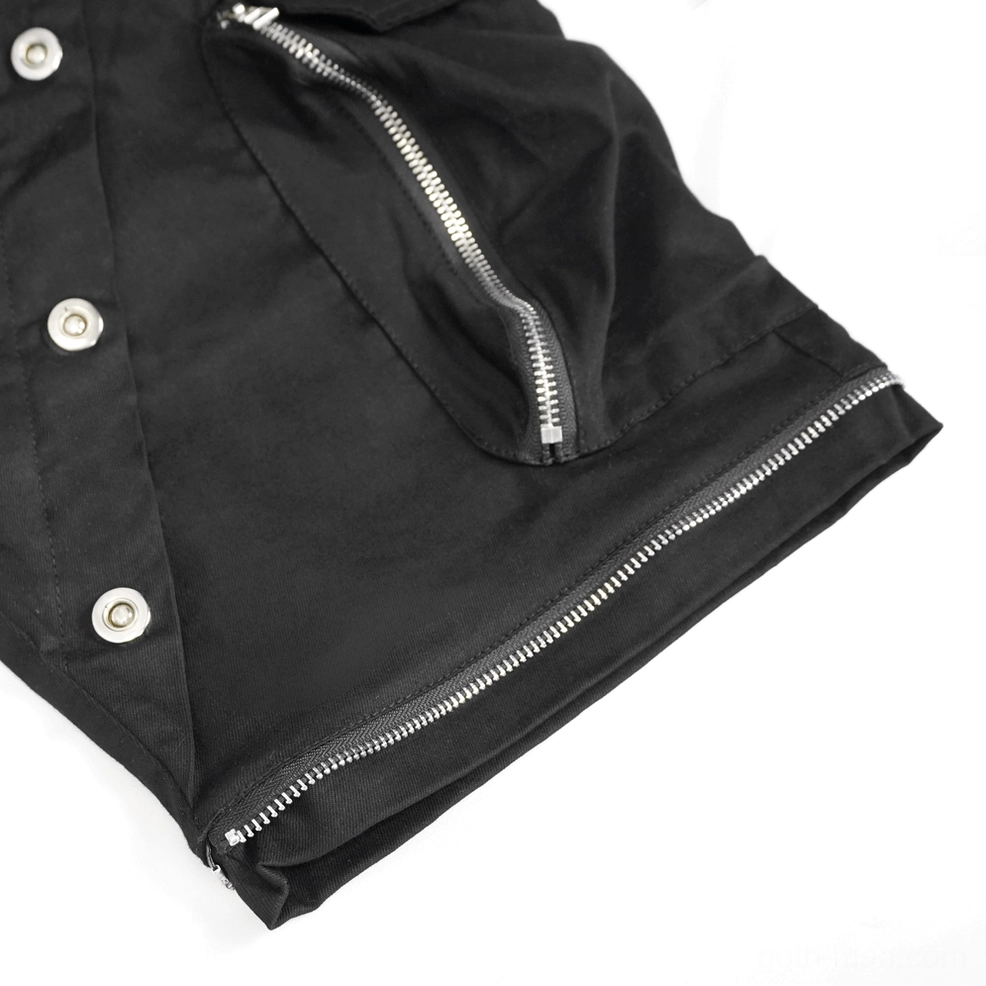 Back view of black gothic cargo pants showing reinforced back pocket and metal chain attachment point