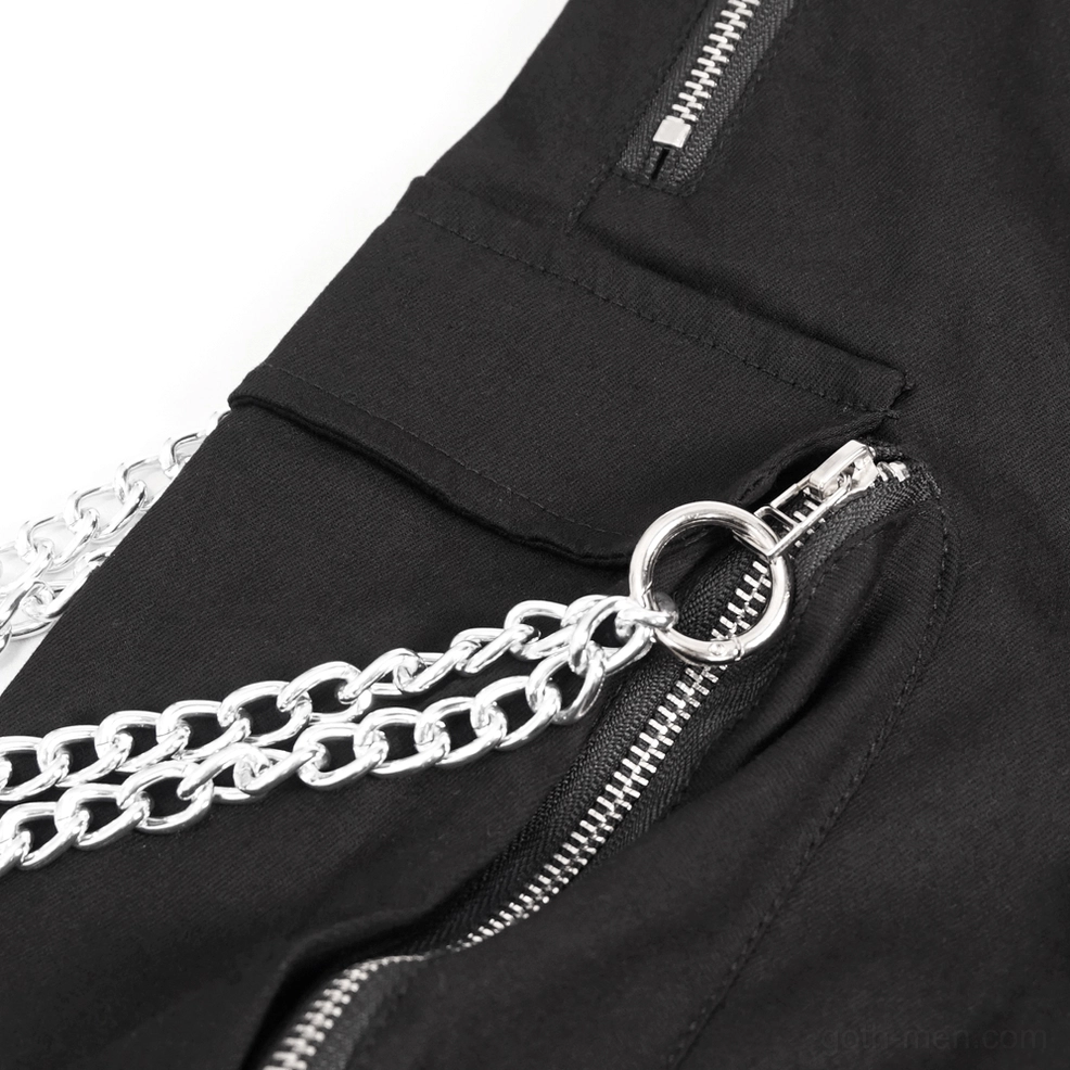 Texture detail of black woven cotton-spandex fabric used in gothic cargo pants construction