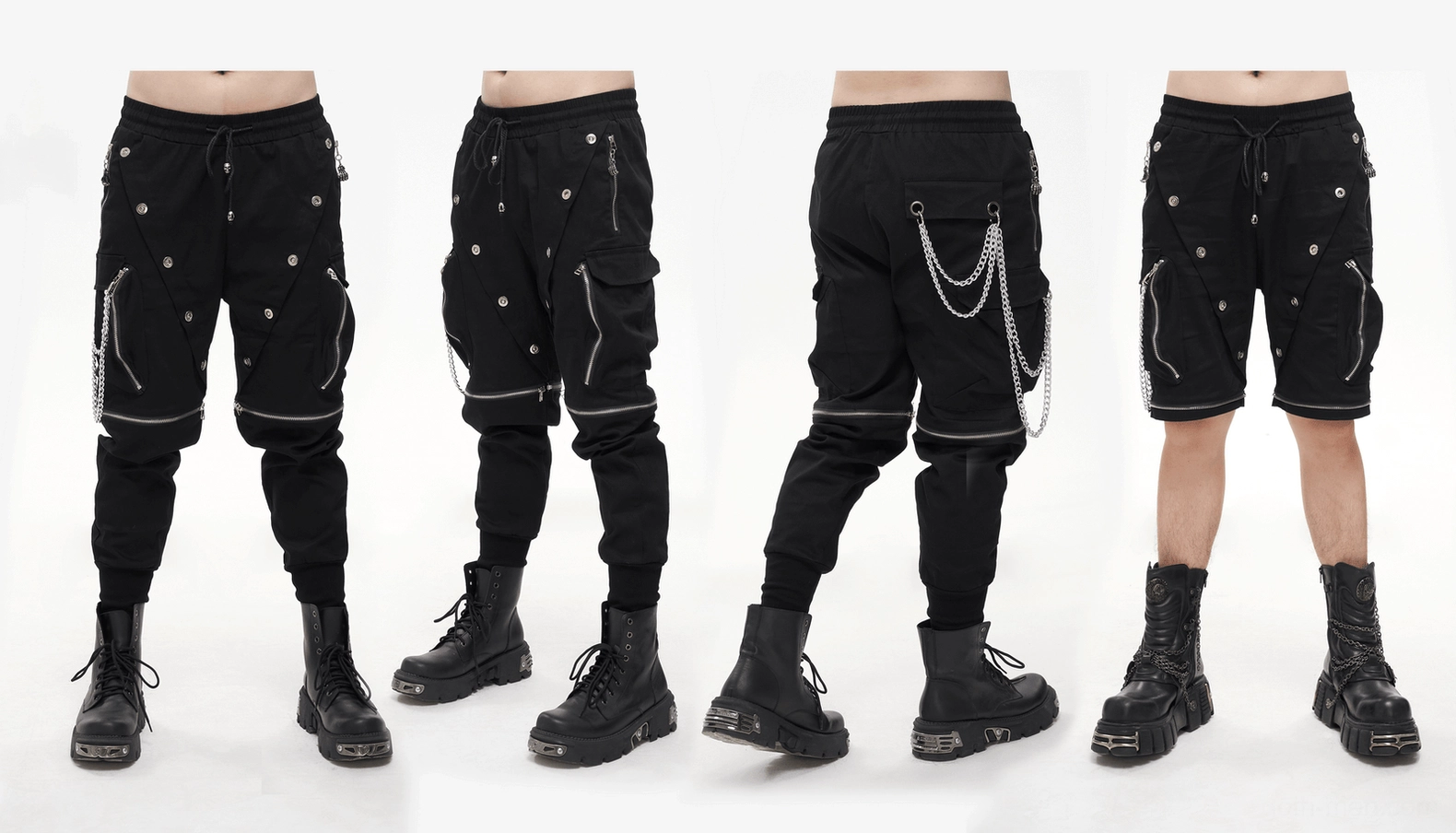 Close-up view of black cargo pants fabric texture and metal button placement details