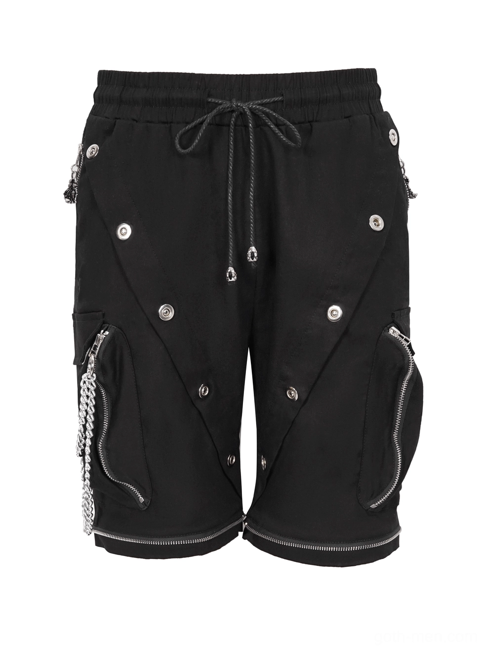 Flat lay view of black cargo pants showing snap buttons, zippered pockets, and removable chain system