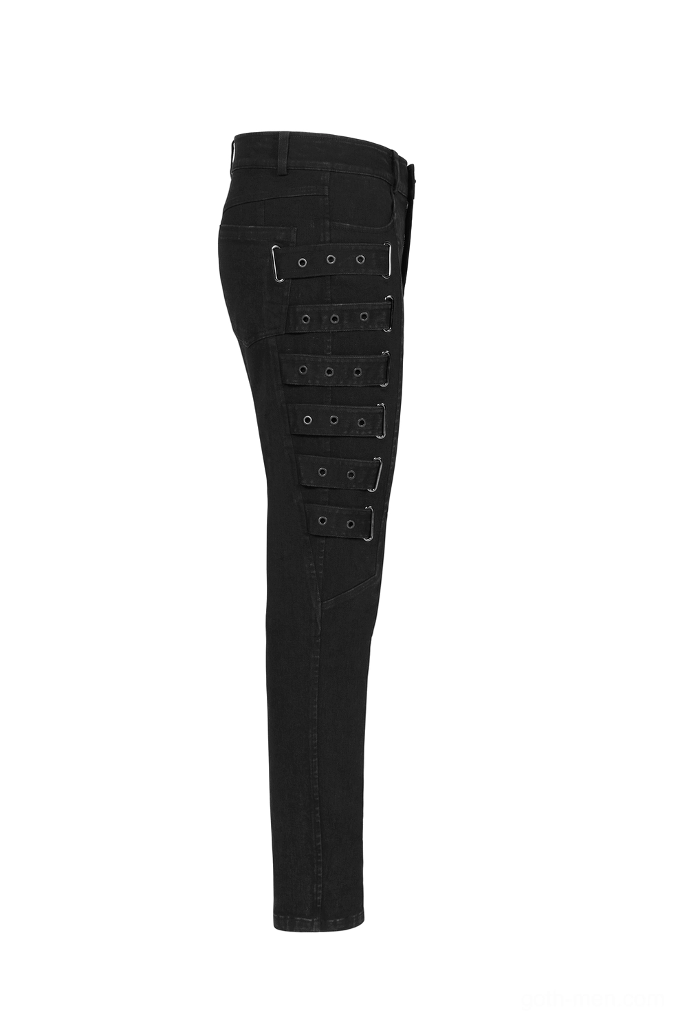 Side flat lay view of black cargo pants showing multi-row adjustable buckles and slim fit silhouette