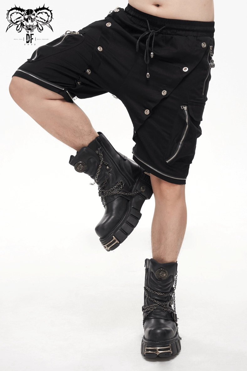 Detail shot of black gothic cargo pants showing zipper functionality and pocket construction