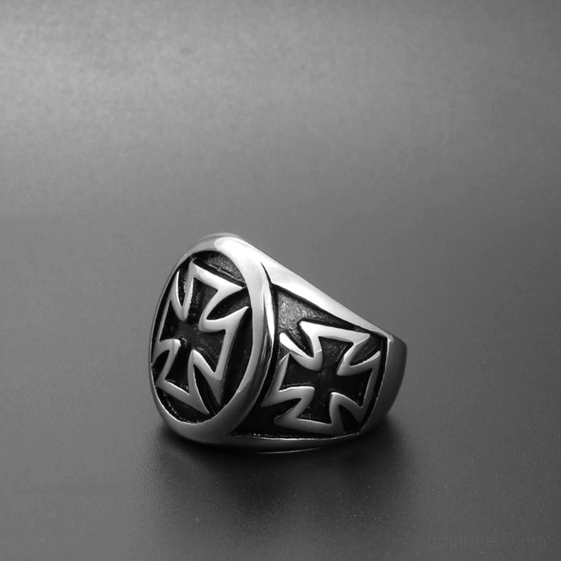 Celtic cross biker ring side lower view dual cross motif engraved gothic