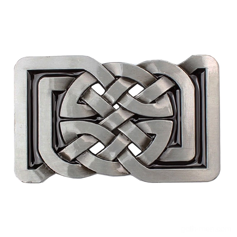 Flat front view of gothic belt buckle displaying symmetrical Celtic knot design with brushed metal texture and black enamel accents
