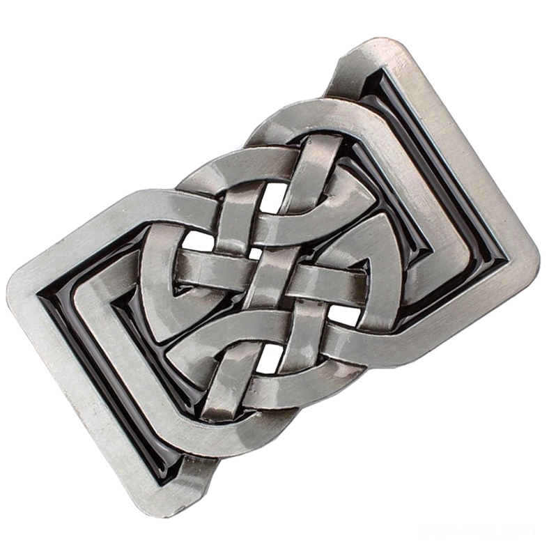 Celtic knot gothic belt buckle right oblique front view highlighting two-tone metal finish and interwoven knotwork pattern