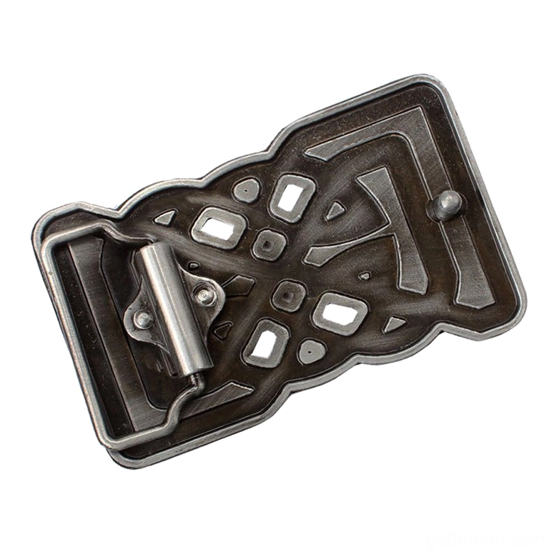 Rear side of gothic belt buckle showing metal snap-fit fastener and hollow carved Celtic knot details, top-down oblique view