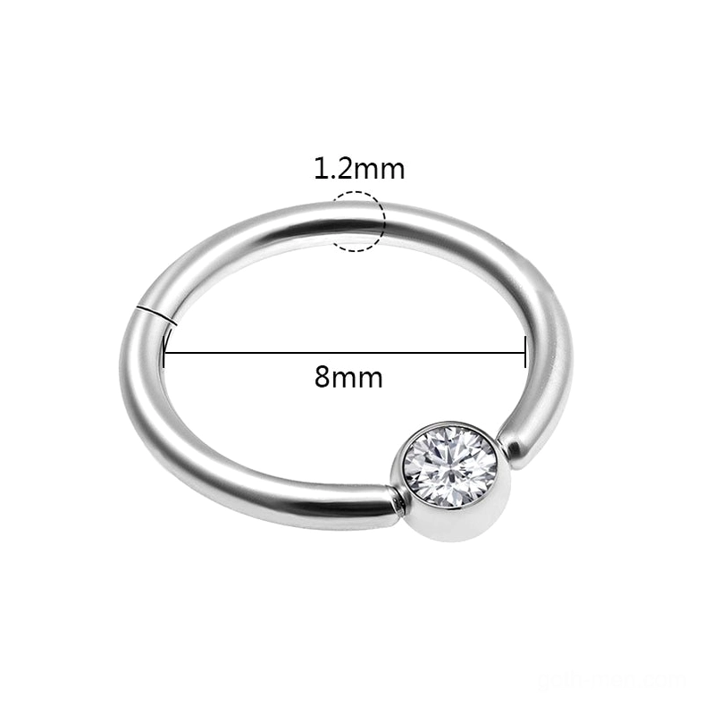 Silver steel hinged clicker nose ring with dimension specifications - 8mm diameter and 1.2mm wire thickness labeled