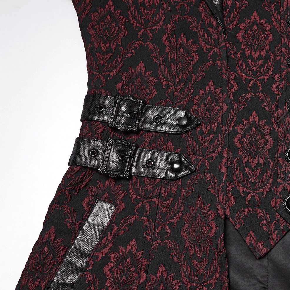 Gothic coat side buckle detail showing double metal fasteners and damask fabric weave