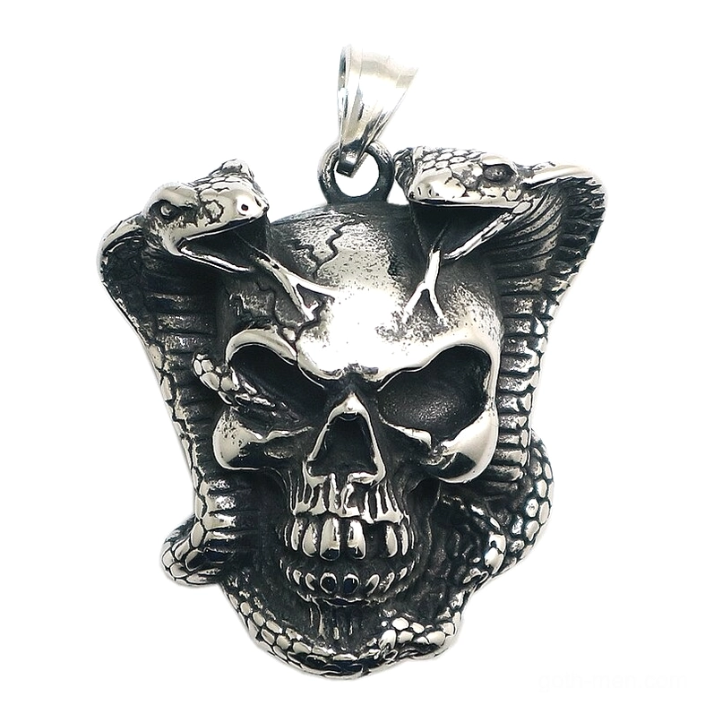 Cobra skull pendant necklace front view - gothic stainless steel jewelry with twin serpents
