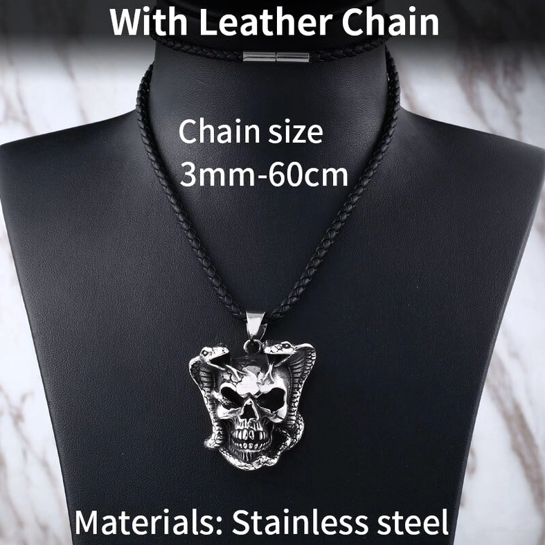 Cobra skull pendant on leather chain - mannequin display biker gothic necklace